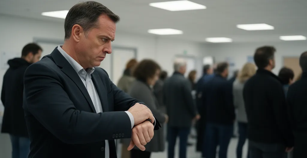 Professionnel consultant sa montre dans file d'attente bureau de poste