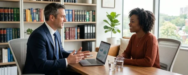 Avocat en consultation avec un client dans un bureau moderne équipé d'outils numériques