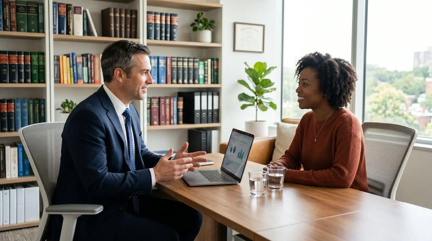 Avocat en consultation avec un client dans un bureau moderne équipé d'outils numériques