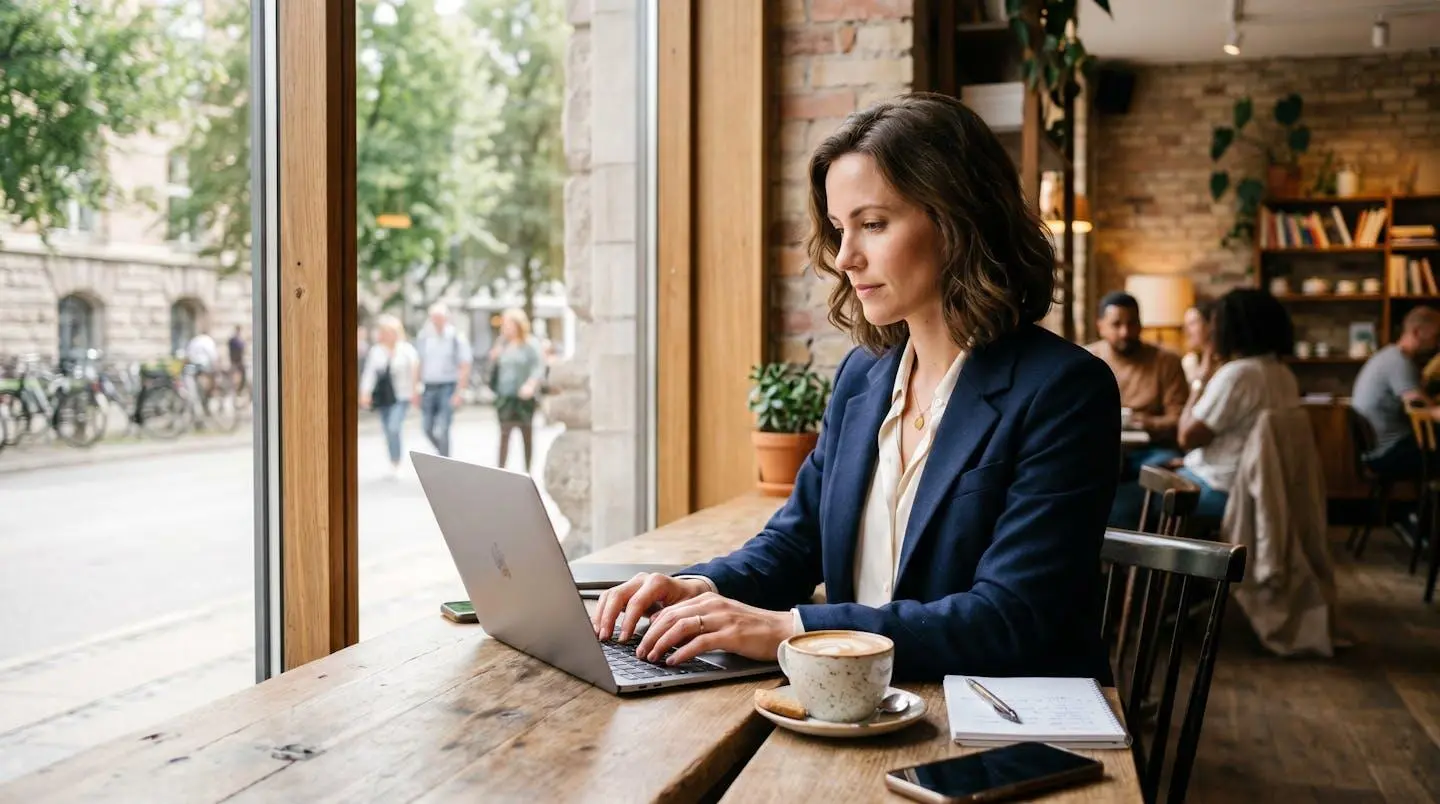 Femme professionnelle travaillant sur ordinateur portable dans un café lumineux avec vue sur l'extérieur