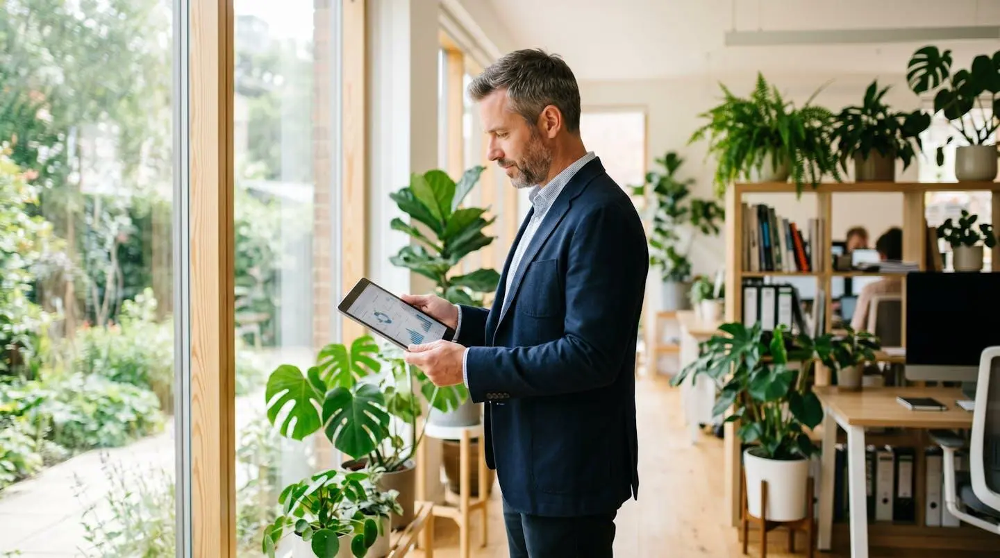 Homme professionnel consultant une tablette dans un intérieur lumineux avec plantes vertes