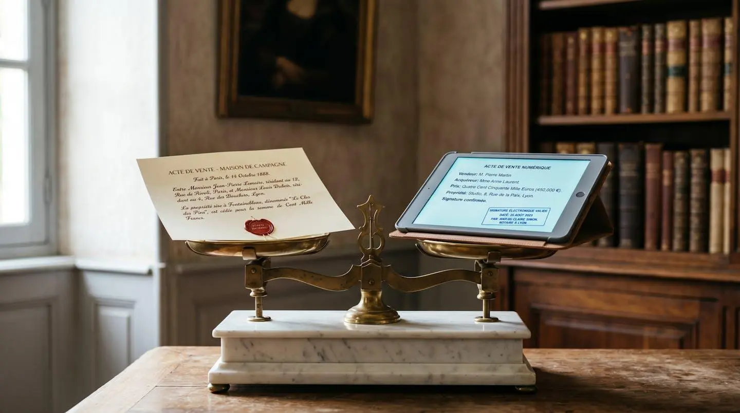 Balance de justice ancienne en laiton parfaitement équilibrée sur un socle de marbre blanc, avec un document papier scellé à gauche et une tablette affichant un document numérique à droite, symbolisant l'équivalence juridique