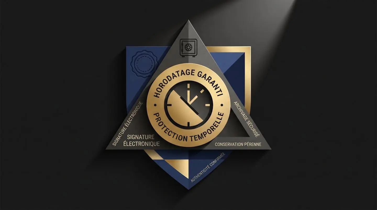 Composition abstraite géométrique montrant trois formes primaires (cercle, carré, triangle) s'imbriquant pour former un bouclier protecteur, symbolisant l'horodatage, la signature électronique et l'archivage sécurisé