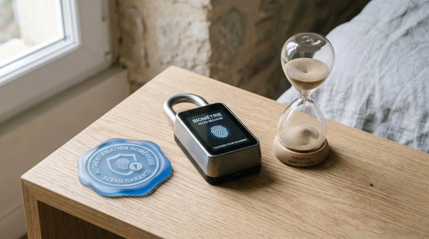 Cadenas électronique biométrique moderne posé sur une surface en bois clair, entouré d'un sceau numérique bleu translucide et d'un sablier élégant, symbolisant la sécurité et l'horodatage certifié du recommandé électronique