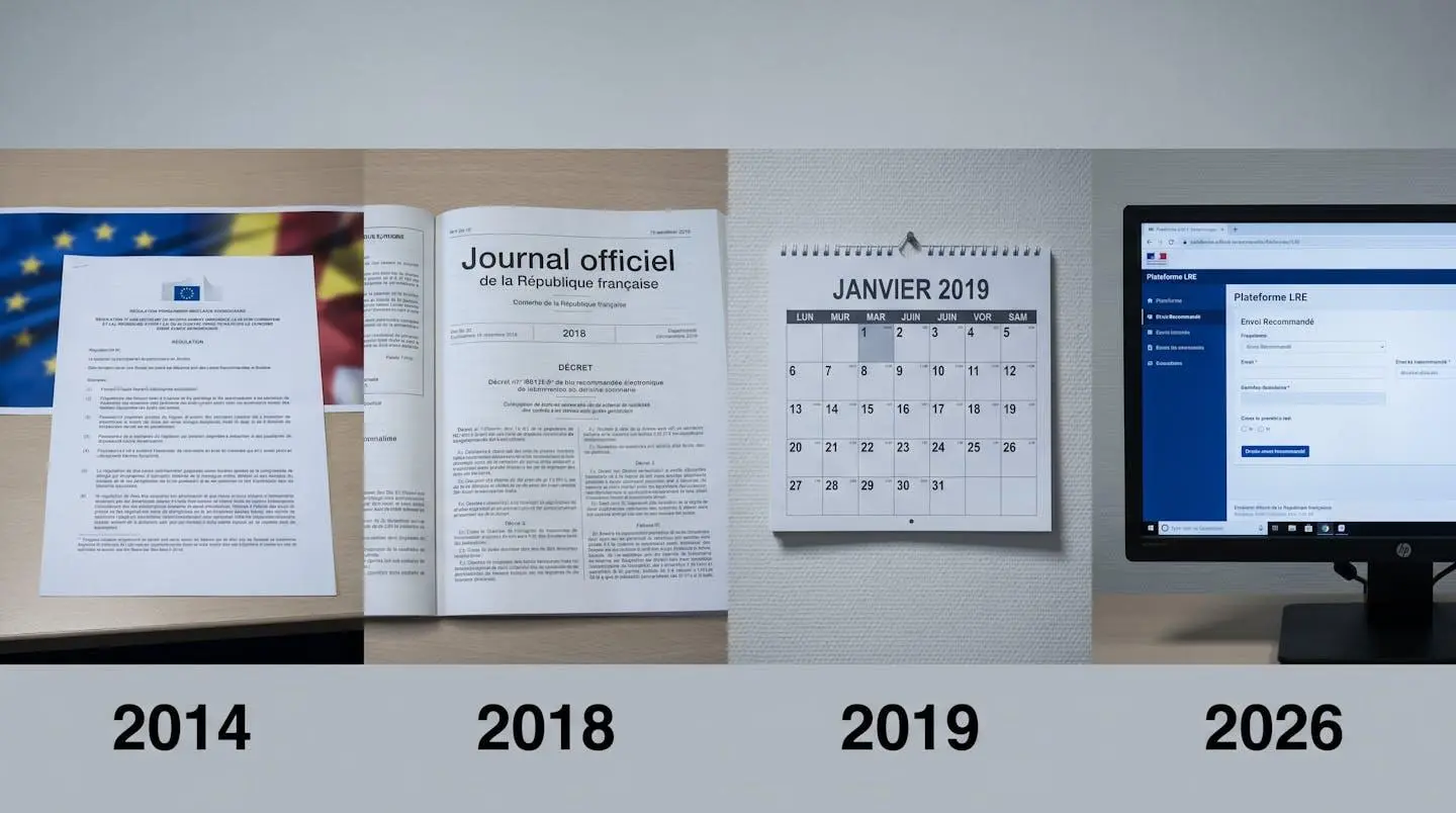 Frise chronologique horizontale des 4 étapes réglementaires clés de la lettre recommandée électronique de 2014 à 2026 avec documents officiels français et européens