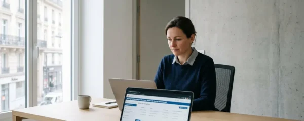 Professionnel consultant une interface de lettre recommandée électronique sur ordinateur portable dans un bureau moderne français avec lumière naturelle