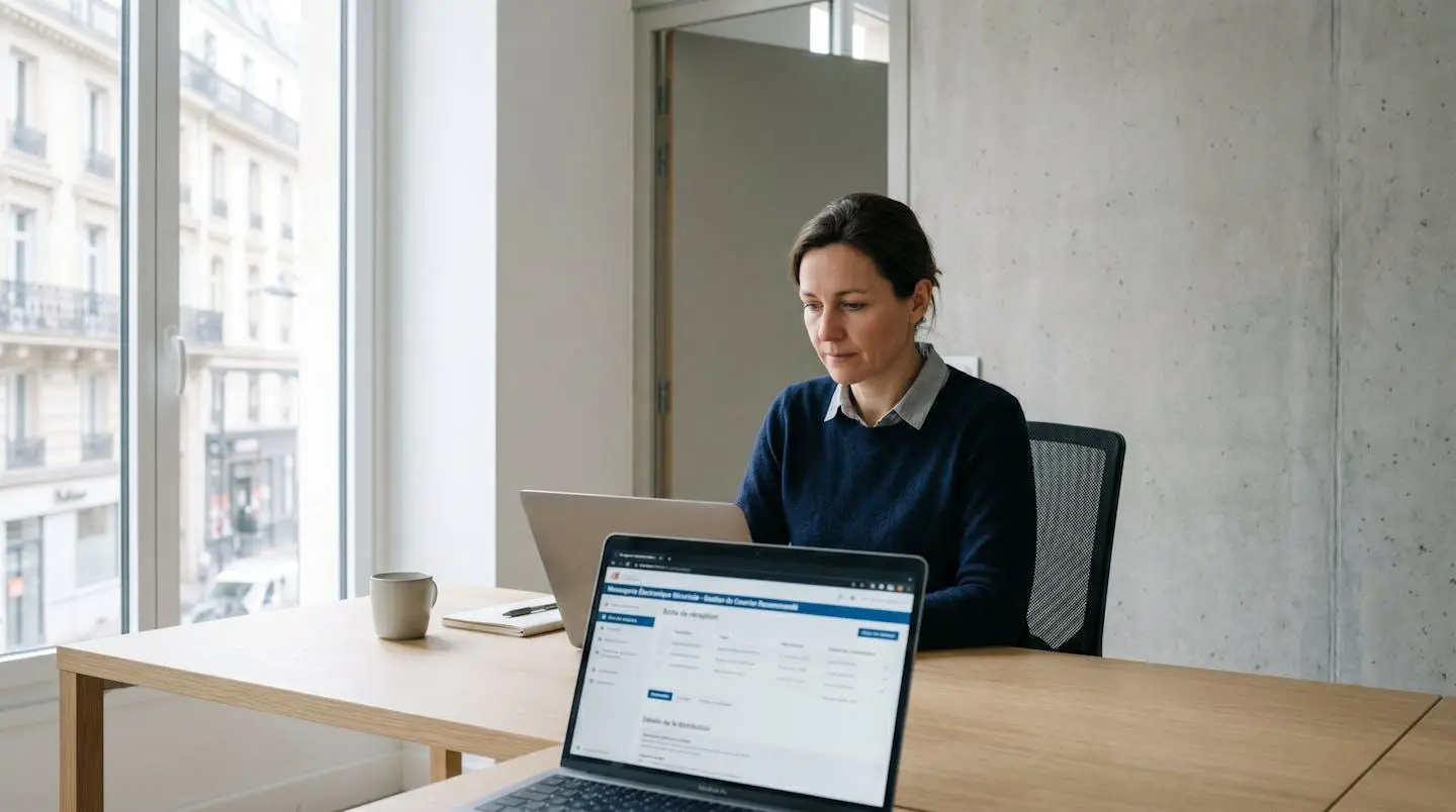 Professionnel consultant une interface de lettre recommandée électronique sur ordinateur portable dans un bureau moderne français avec lumière naturelle