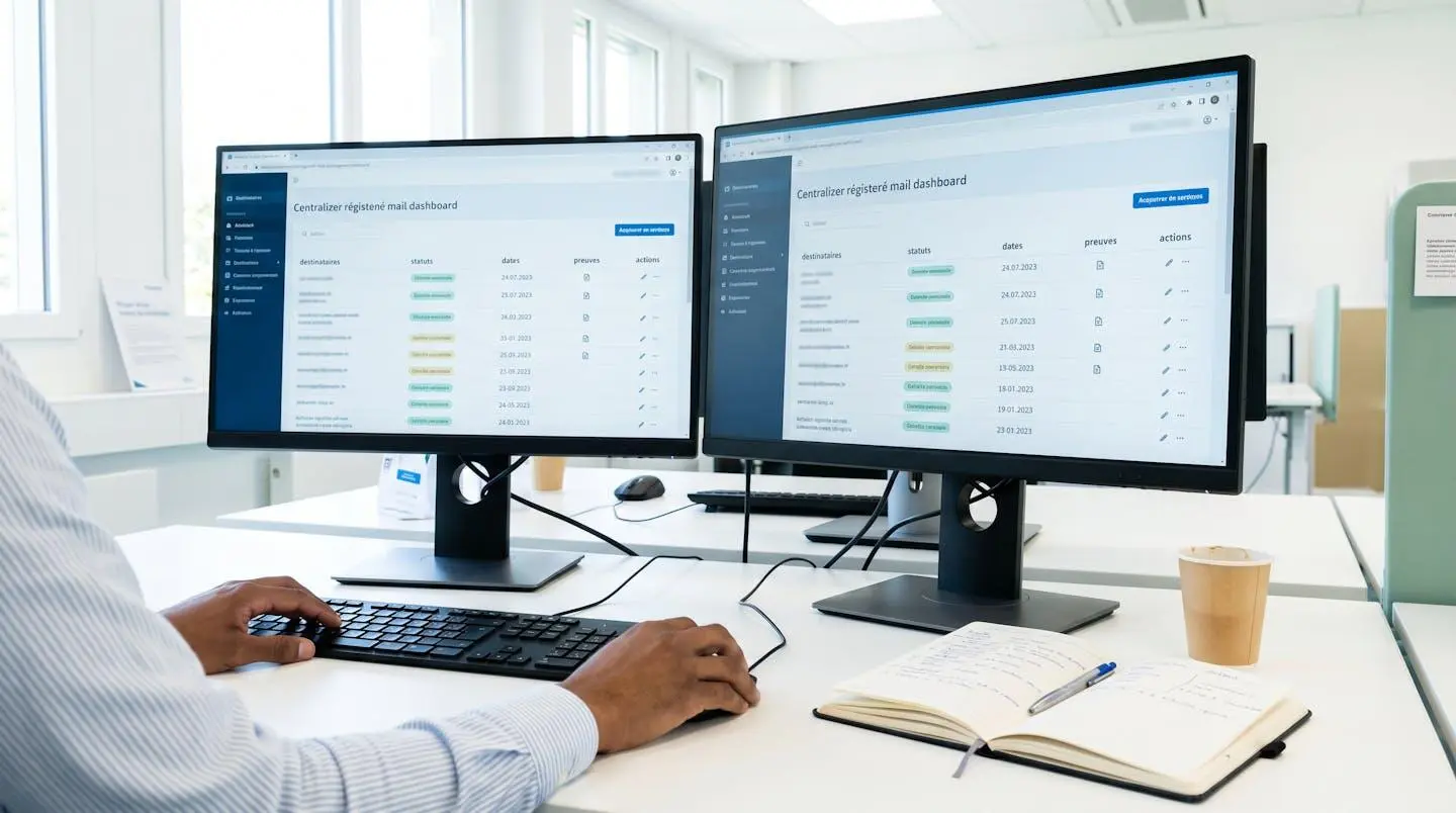 Professionnel gérant plusieurs envois recommandés électroniques simultanément via tableau de bord centralisé sur double écran avec interface en français